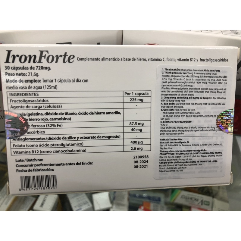 Sắt Hữu Cơ Iron Forte - Hộp 30v viên Tây Ban Nha cho bà bầu người thiếu máu mẹ sau sinh
