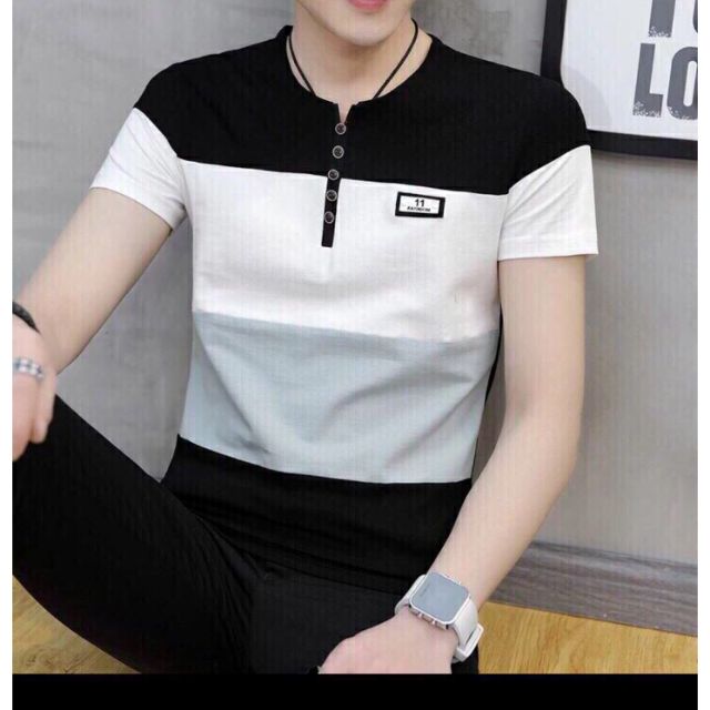 Áo thun nam ngắn tay cổ đính nút cách điệu thời trang Hàn Quốc màu đen trắng phối xanh nhạt chất cotton cao cấp