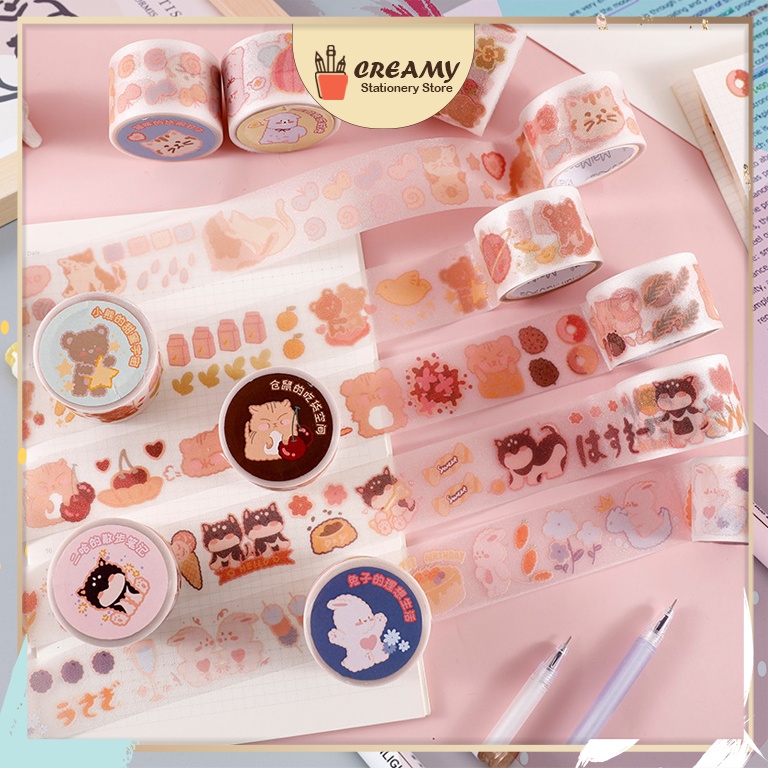 Cuộn washi tape cute CREAMY, băng dính washi tape hình thú trang trí sổ đáng yêu dễ thương