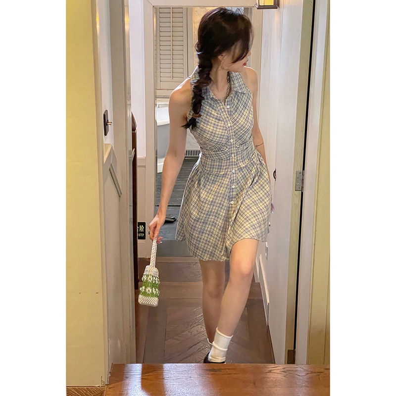 Đầm Sơ Mi Sát Nách Cổ Chữ V Họa Tiết Sọc Caro Thời Trang Mùa Hè Mới
