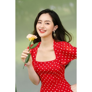 Váy cổ vuông chấm bi đỏ_1VA1268DO_Lep'
