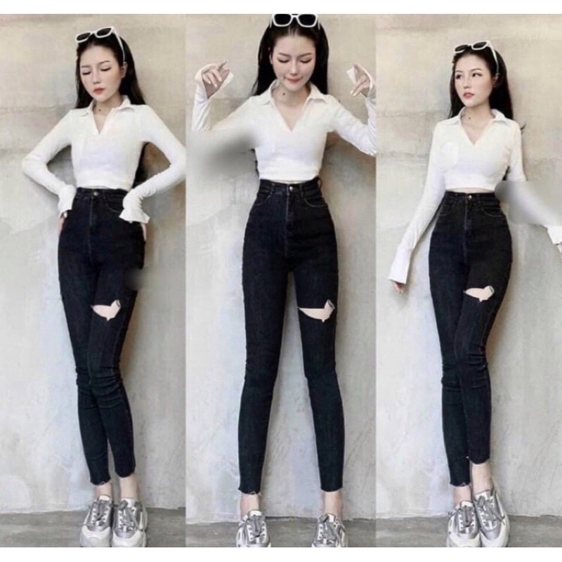 Quần Jean Nữ Skinny Màu Đen Rách Thời Trang, Jean Lưng Cao Qua Rốn-Co Giãn Mạnh