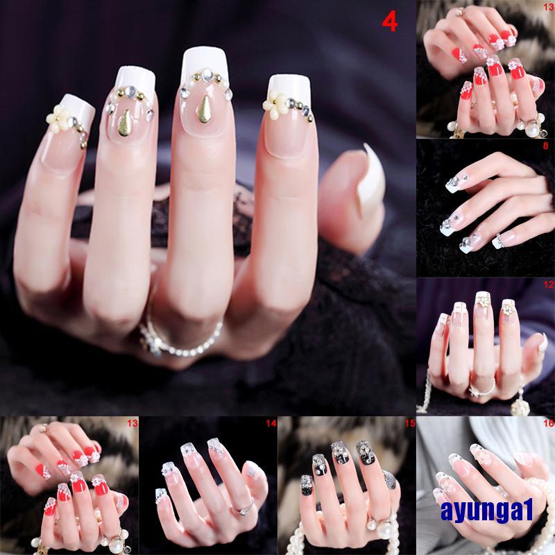 [Hàng mới về] Bộ 24 móng tay giả màu trong suốt trang trí hoa xinh xắn thích hợp cho cô dâu diy