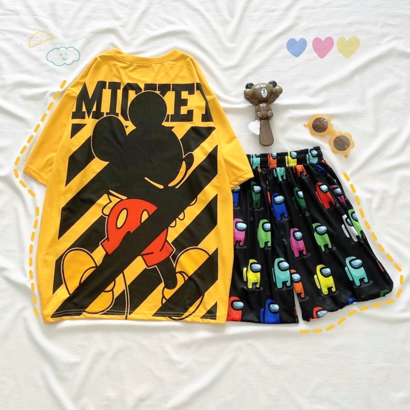 Set đồ bộ cartoon xinh xắn, quần short lửng cho nam nữ