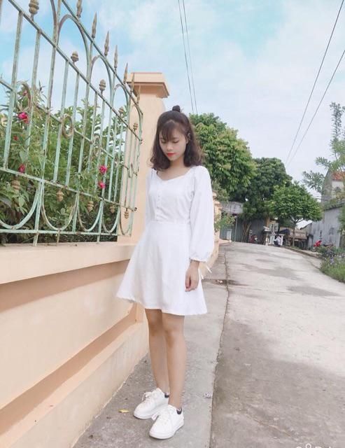 Đầm trắng cổ vuông tay phồng (có ảnh thật)