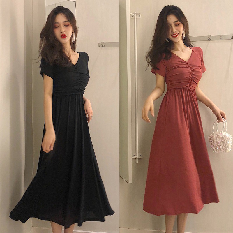 Đầm midi nữ dáng chữ A cổ V tay ngắn phong cách Hàn Quốc | BigBuy360 - bigbuy360.vn