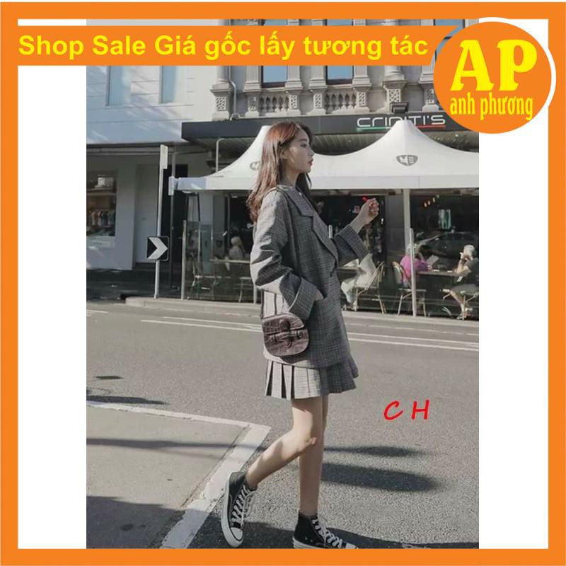 Sét vest váy xếp ly kẻ có ảnh thật spÁo khoác kẻ có cúc mix chân váy kẻ 2 lớpbên trong có quần, chân váy có khoá hông