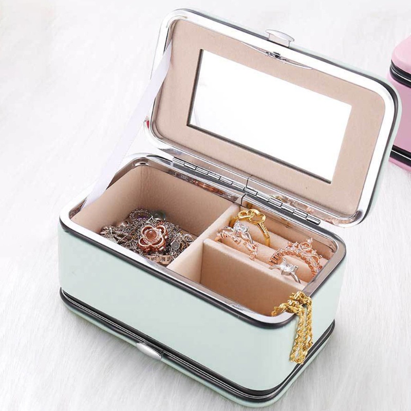 Hộp Đựng Trang Sức Làm Móng Bằng Da PU 2 Tầng Kèm Gương Soi