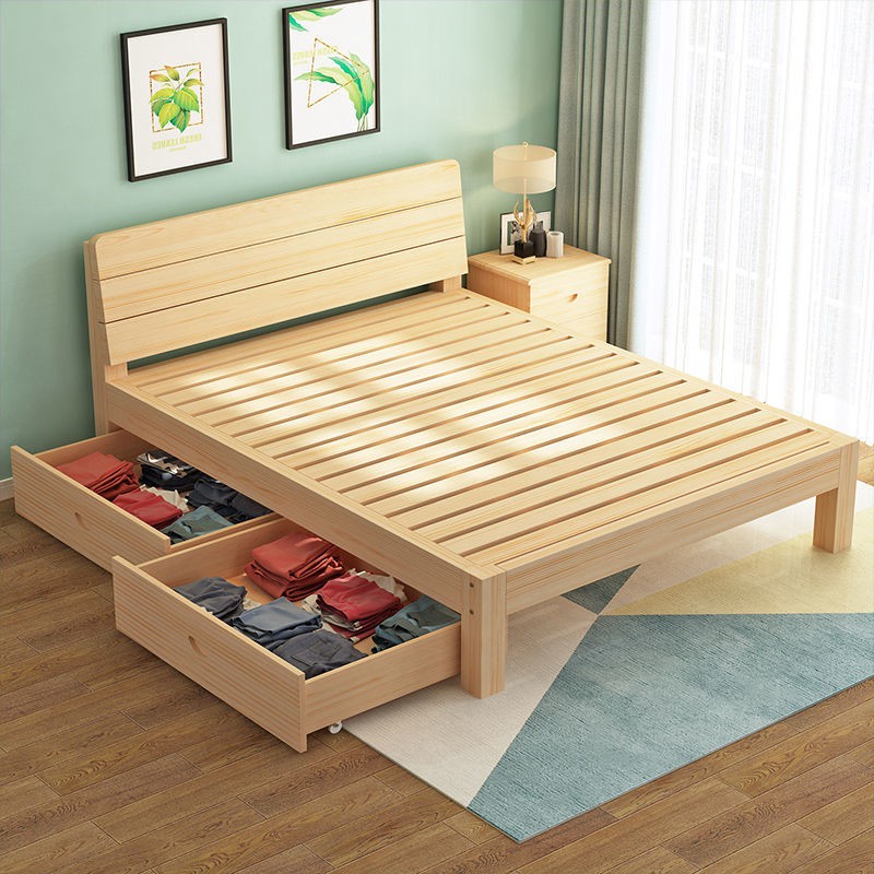 Giường gỗ chắc chắn 1,8m đơn giản đôi phòng ngủ chính người lớn 1,5m khung 1,2m 1m sinh viên