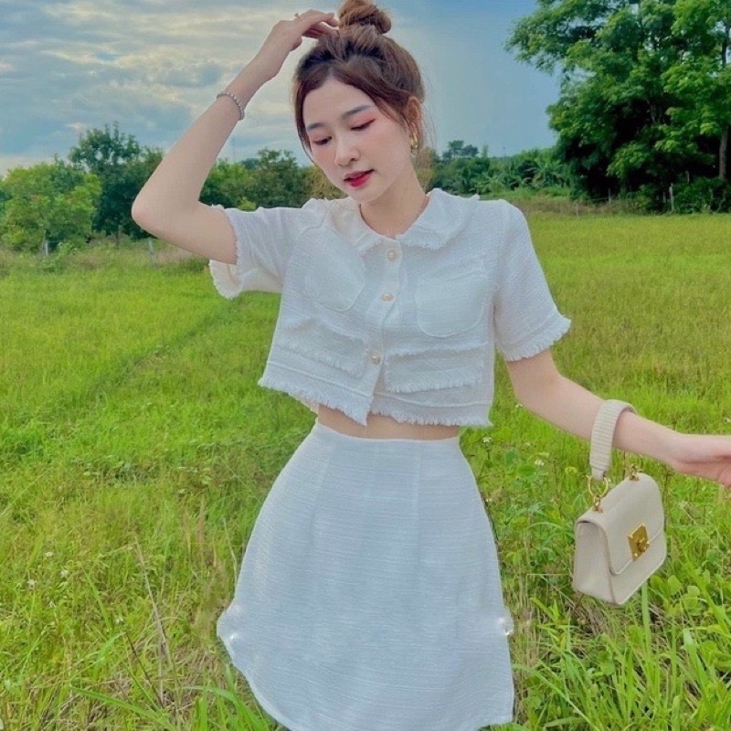 Set đồ nữ áo croptop bố dạ cổ trắng sen mix chân váy đi chơi hẹn hò HATI