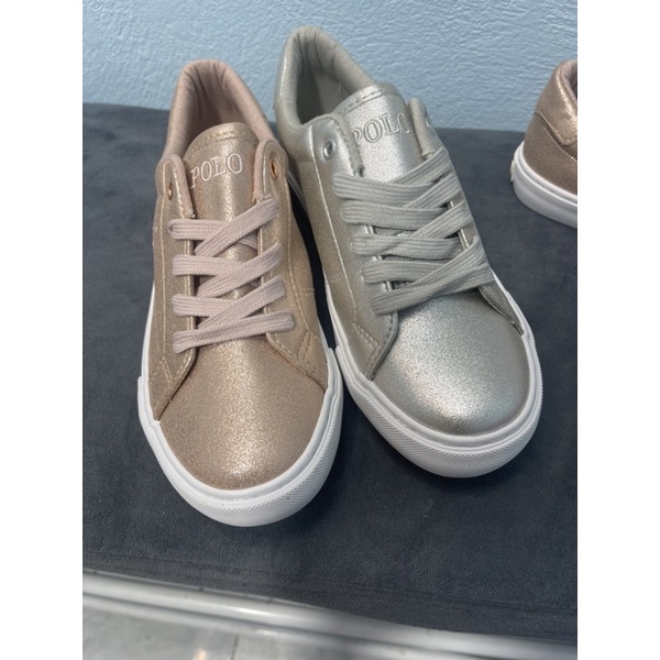 Giày thể thao bé gái Polo mẫu ánh nhũ 🌈 Giày Sneaker bệt da Pu đế cao su xuất dư 0922