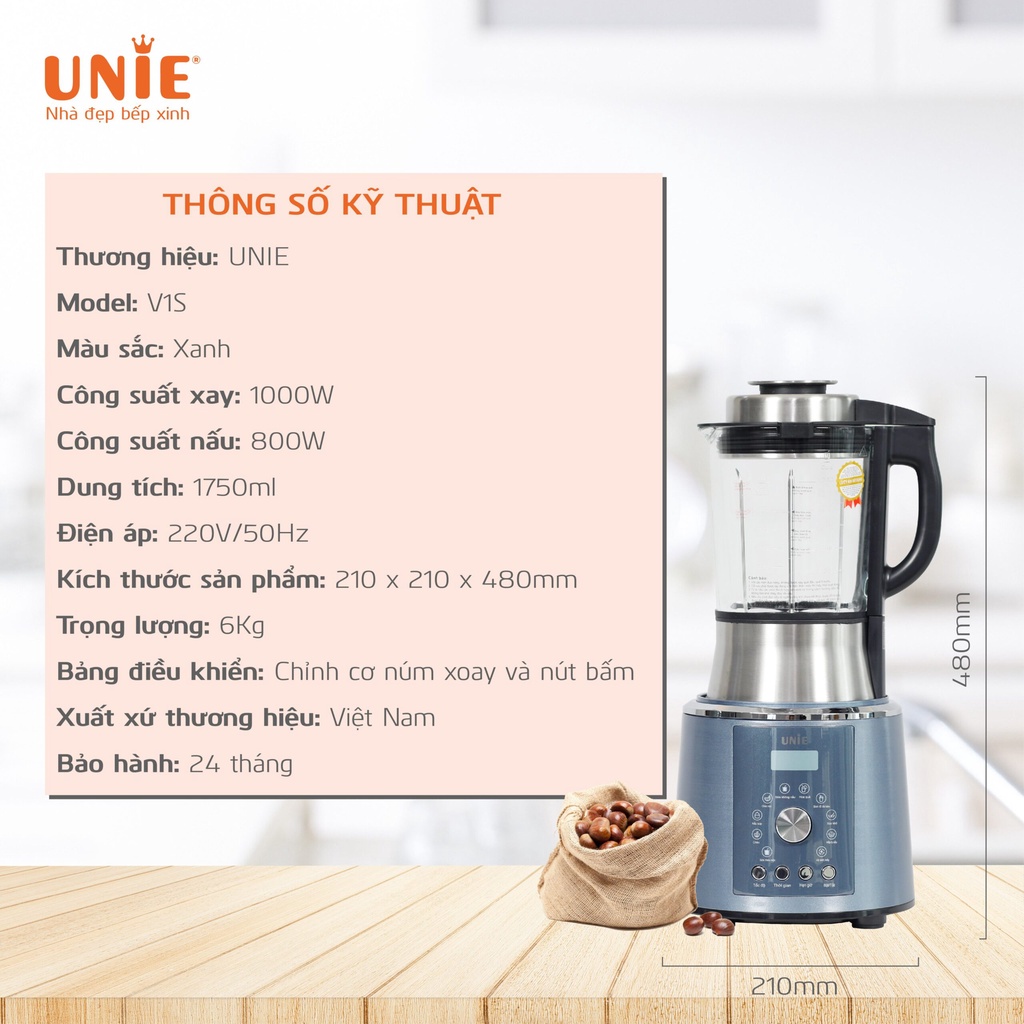 [Mã ELHA22 giảm 5% đơn 300K] Máy làm sữa hạt Unie V1S dung tích 1.75L, công suất lớn, động cơ mạnh mẽ