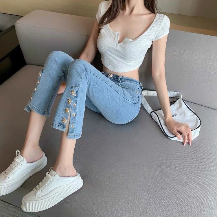 Jiashucheng Quần Jean Nữ Cạp Cao Xẻ Tà Có Khóa Kim Loại Phong Cách Mới 2023