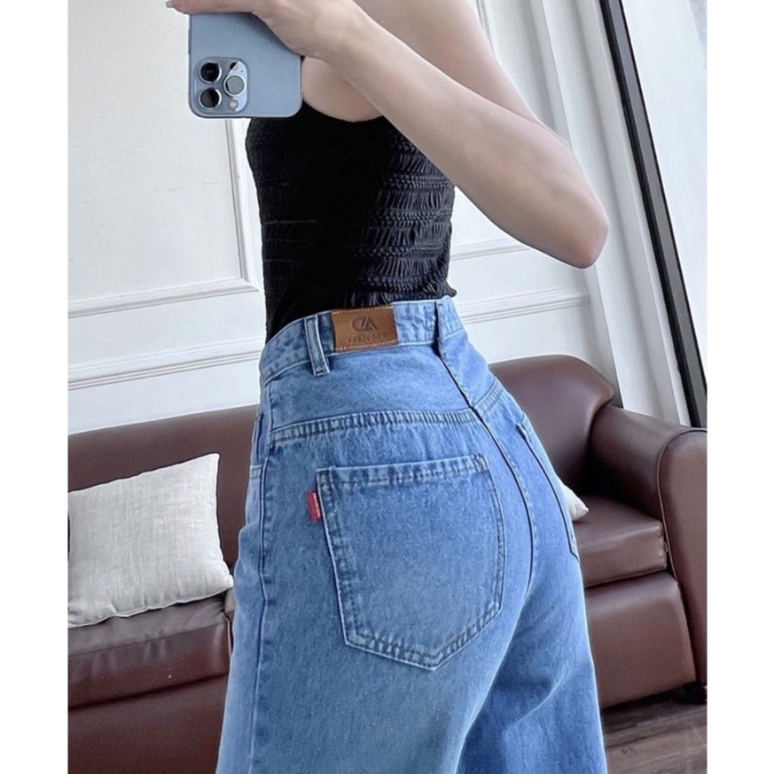 Quần jean dài ống rộng rách gối màu đen-xanh lưng cao, phom Ulzzang