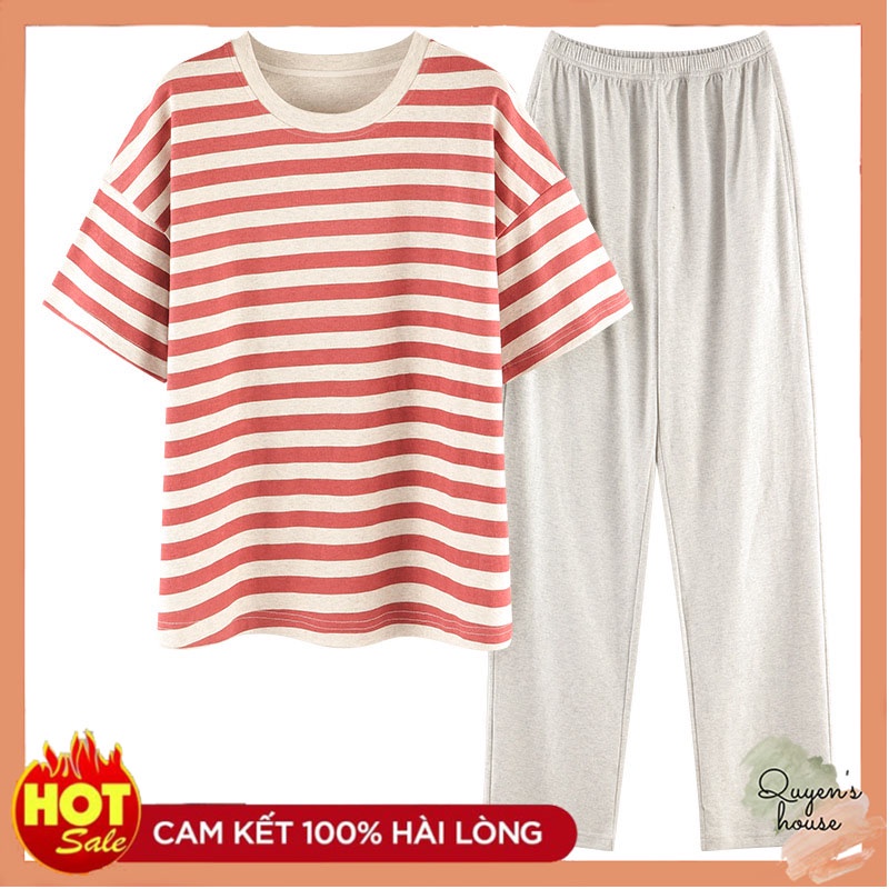 Bộ đồ dễ thương, Bộ đồ thun áo cộc quần dài kẻ đỏ quần xám | BigBuy360 - bigbuy360.vn