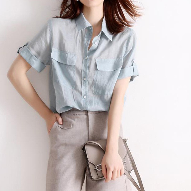 Shirt Japanese style mild luxury women's clothing 2021 summer new linen solid color single-breasted lapel shirt overalls