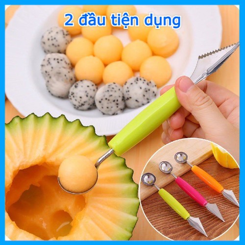 Dao tỉa hoa quả trái cây 2 đầu múc kem dễ dàng có tay cầm 2 đầu bằng inox cao cấp không gỉ màu vàng xanh