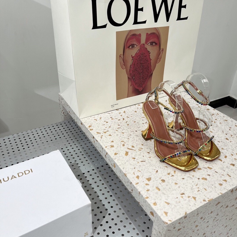 Sandal cao gót 9.5cm quai đính đá nhiều màu thương hiệu Amina Muaddi cao cấp quai cuốn chân mới hè 2022