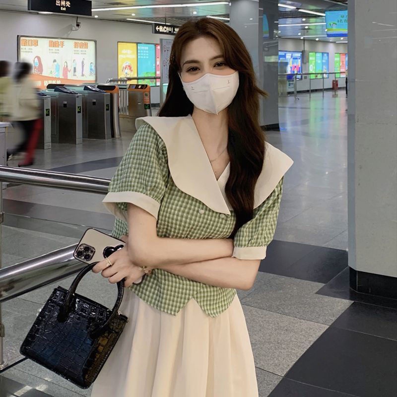 Set Áo Sơ Mi Cổ Búp Bê Kèm Chân Váy Caro Thời Trang Nữ  tao bao