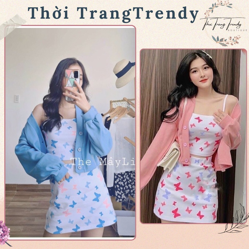 Set 3 Món Chân Váy Chữ A Kèm Áo Croptop 2 Dây Áo Khoác In Họa Tiết Bướm SP000283