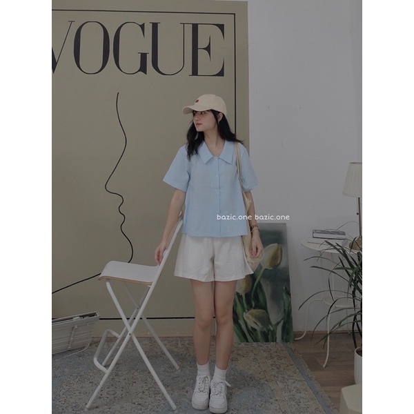 Áo sơ mi thô cộc tay cổ nhọn Bazic one