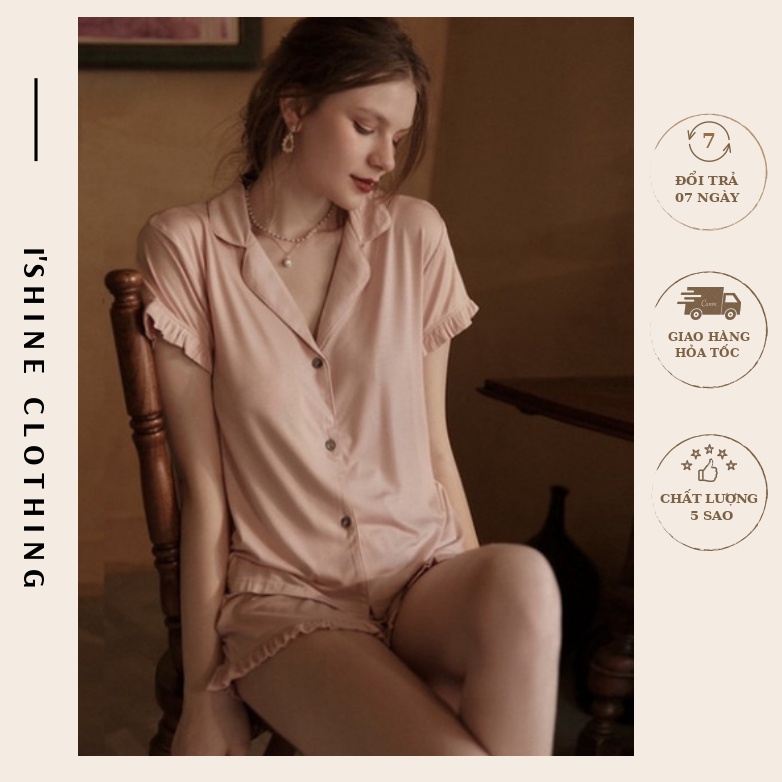 Bộ ngủ nữ cộc tay chất liệu lụa ngọc trai dễ thương sanh chảnh, thiết kế cao cấp T02