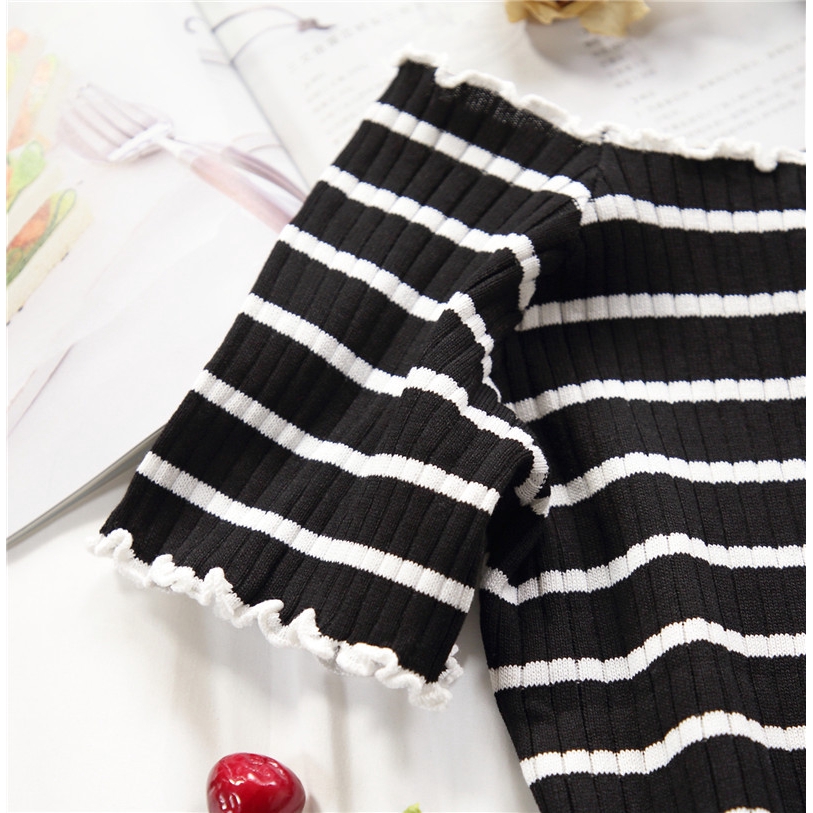 SUXI Áo croptop len thiết kế sọc ngang xinh xắn cho nữ