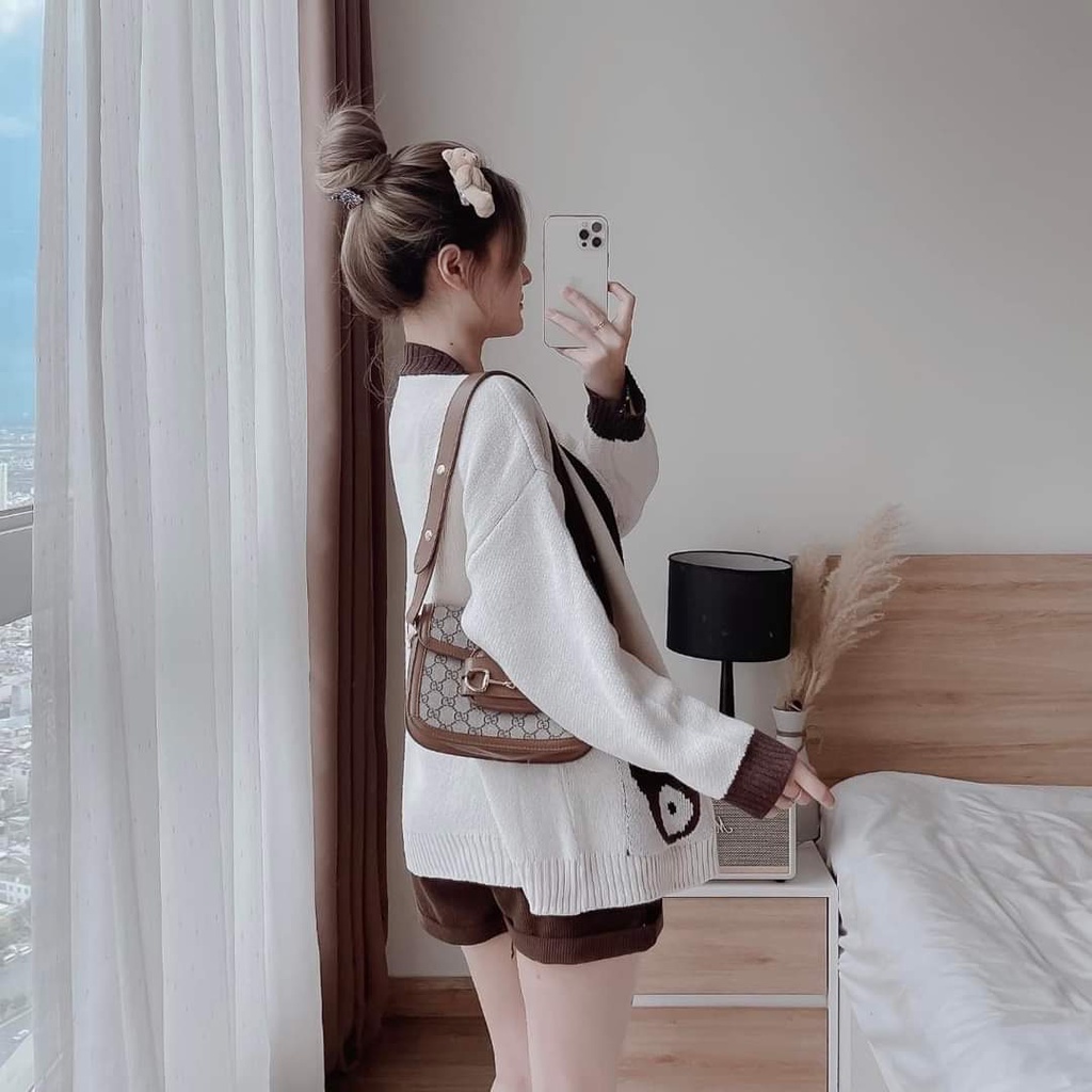Áo len cadigan túi hình gấu cao cấp, chất len quảng châu mềm mịn