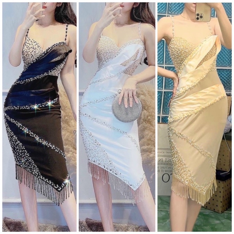 MS1227y ĐẦM BODY 2 DÂY KẾT TUA RUA full S/M/L/XL