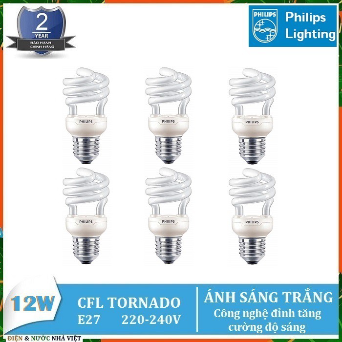 COMBO 6 BỘ - BÓNG ĐÈN PHILIPS TORNADO 12W & 15W & 20W & 24W E27  KIỂU XOẮN HUỲNH QUANG COMPACT ( ÁNH SÁNG TRẮNG & VÀNG )