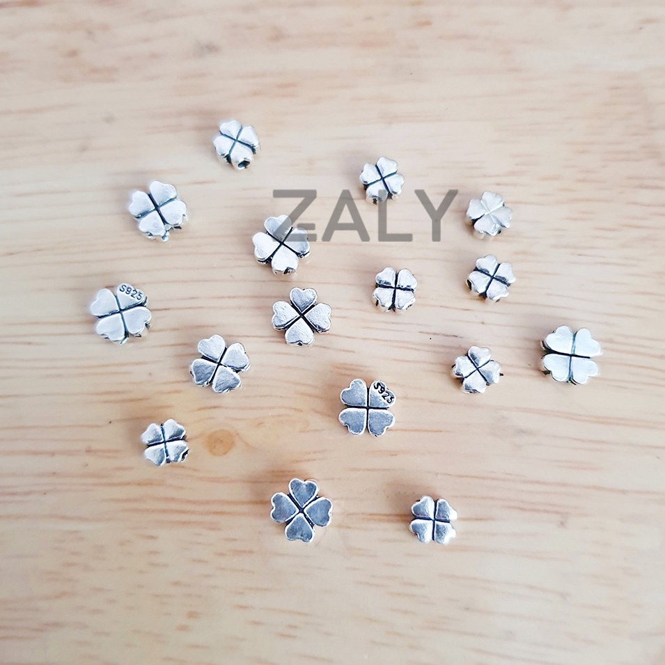 Charm bạc xỏ ngang cỏ 4 lá CC26 charm cỏ bốn lá size lớn nhỏ - Bạc 925