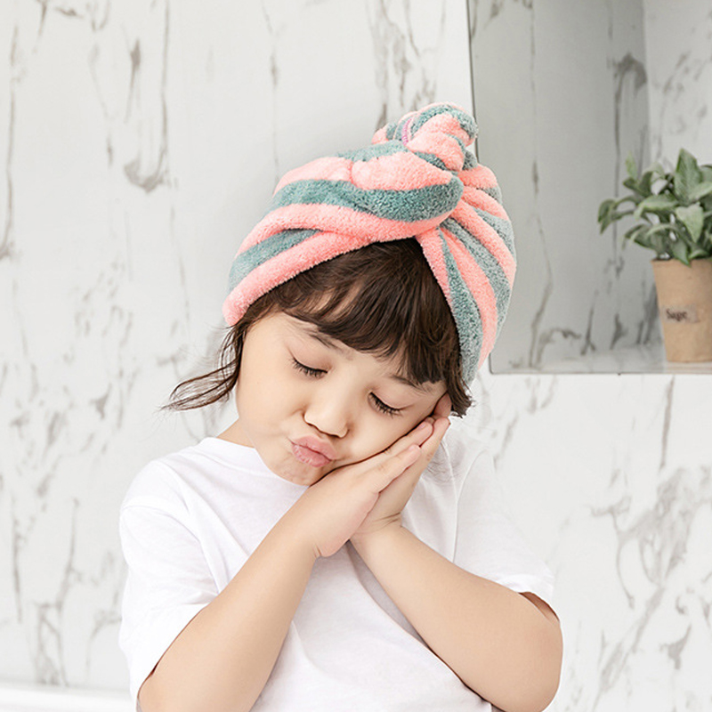 SUPO Depot ✨Super Absorbent Hair-drying Cap Dry Hair Hat Bath Towel Cover Thick Coral Fleece Soft Comfortable Fashionable Durable Green Pink Stripe