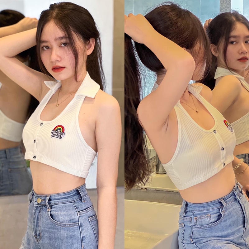 Áo Croptop Polo Cổ v Chất Thun Gân Co Giãn YUMI BÁN SỈ Áo Polo Cổ Yếm Hở Lưng Sexy