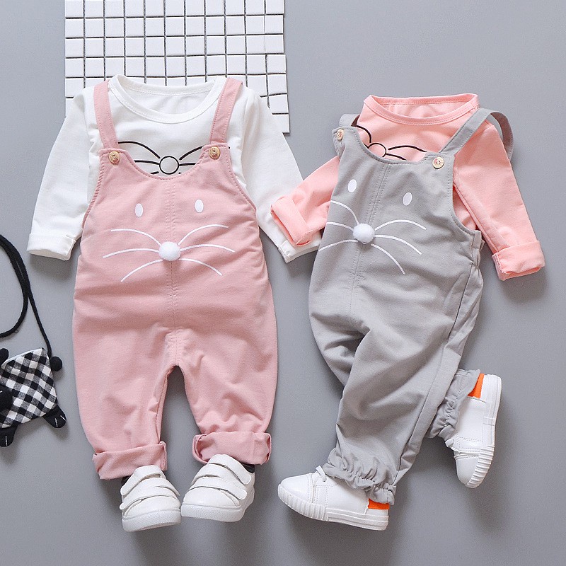 Bộ Áo Thun Tay Dài + Quần Yếm In Hình Mèo Dễ Thương Dành Cho Bé Gái