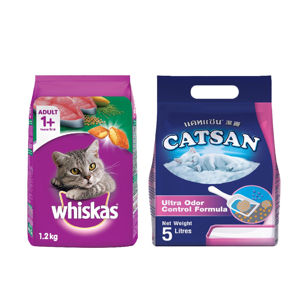Combo Thức Ăn Mèo Whiskas Vị Cá Ngừ 1.2 kg &amp; Cát Vệ Sinh Catsan 5L