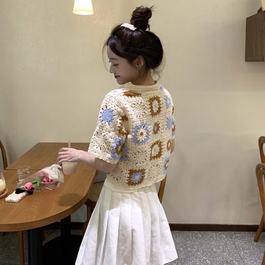 Áo Dệt Kim Ngắn Tay Phối Lỗ Thời Trang Cho Nữ