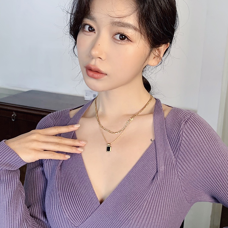 Vòng cổ Hai Lớp Mặt Vuông Màu Đen Phong Cách Hàn Quốc Dành Cho Nữ