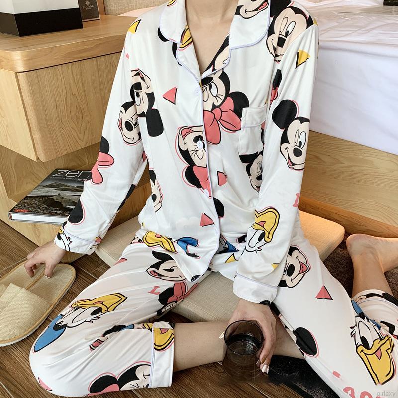 Set đồ ngủ gồm áo tay dài và quần dài in họa tiết hoạt hình phong cách Hàn Quốc xinh xắn cho nữ