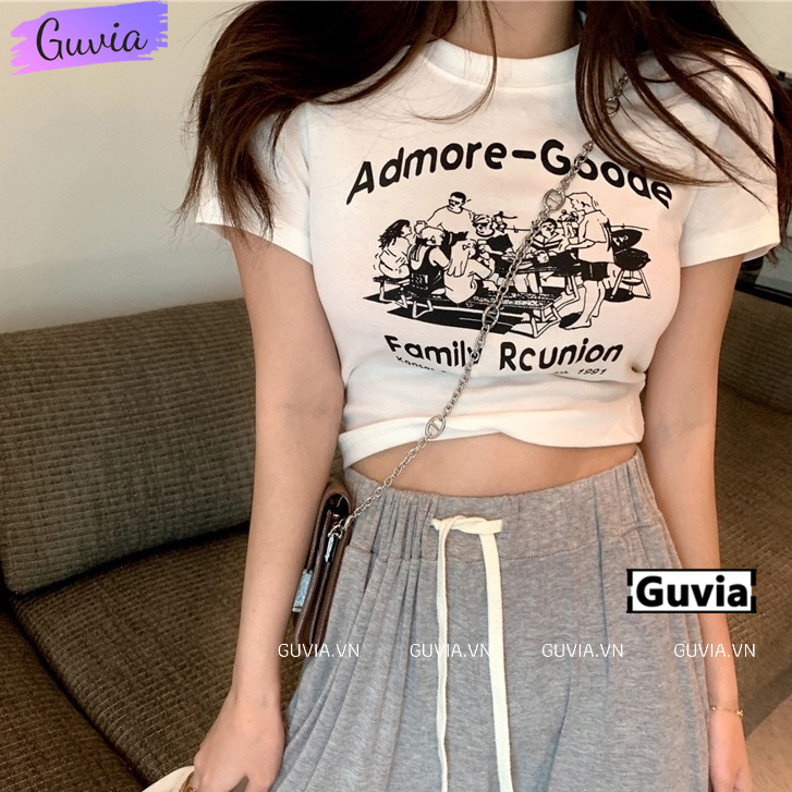 Áo Croptop Ôm Body Nữ ADMORE-GOODE Cổ Tròn Tay Ngắn, Áo Thun Croptop Kiểu In Họa Tiết GUVIA CR90