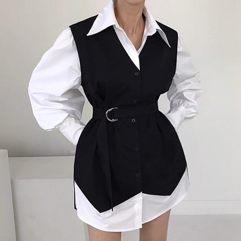 VÁY SƠ MI TAY PHỒNG TAY BỒNG ÁO GILE KÈM BELT HÀN QUỐC