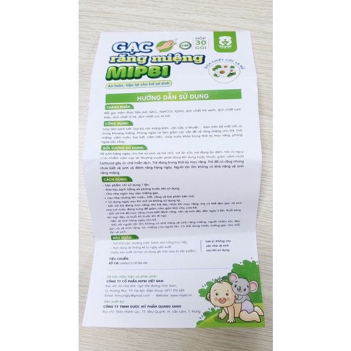 Gạc rơ lưỡi vệ sinh răng miệng cho bé Mipbi thành phần lá hẹ hỗ trợ bé mọc răng tốt hộp 30 gói
