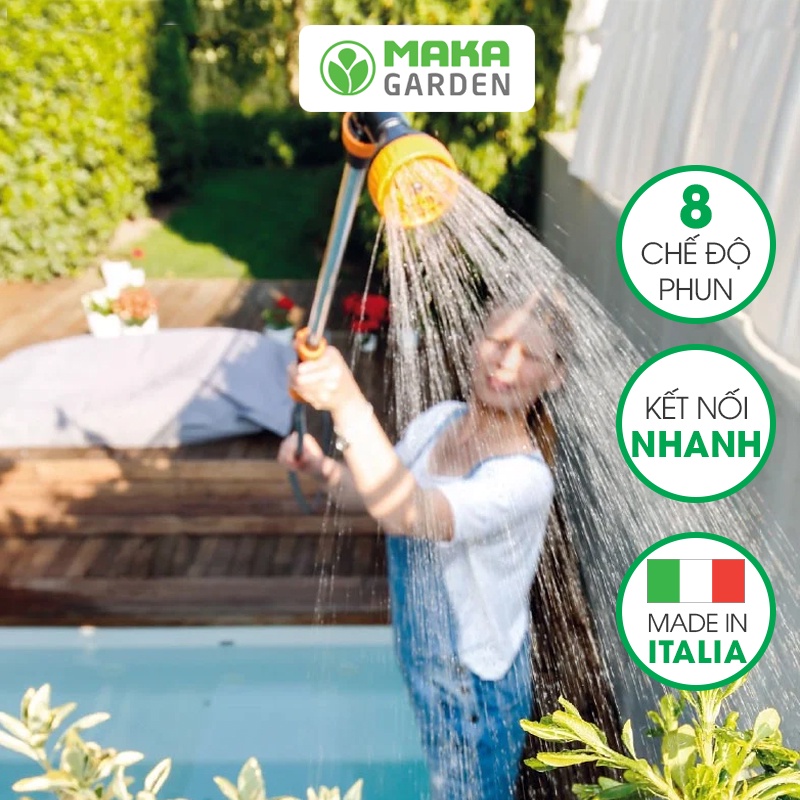 Vòi tưới cầm tay nối dài GF5448, thương hiệu GF- Ý, 8 kiểu phun, độ bền cao, tùy chỉnh lưu lượng, dùng khớp nối nhanh
