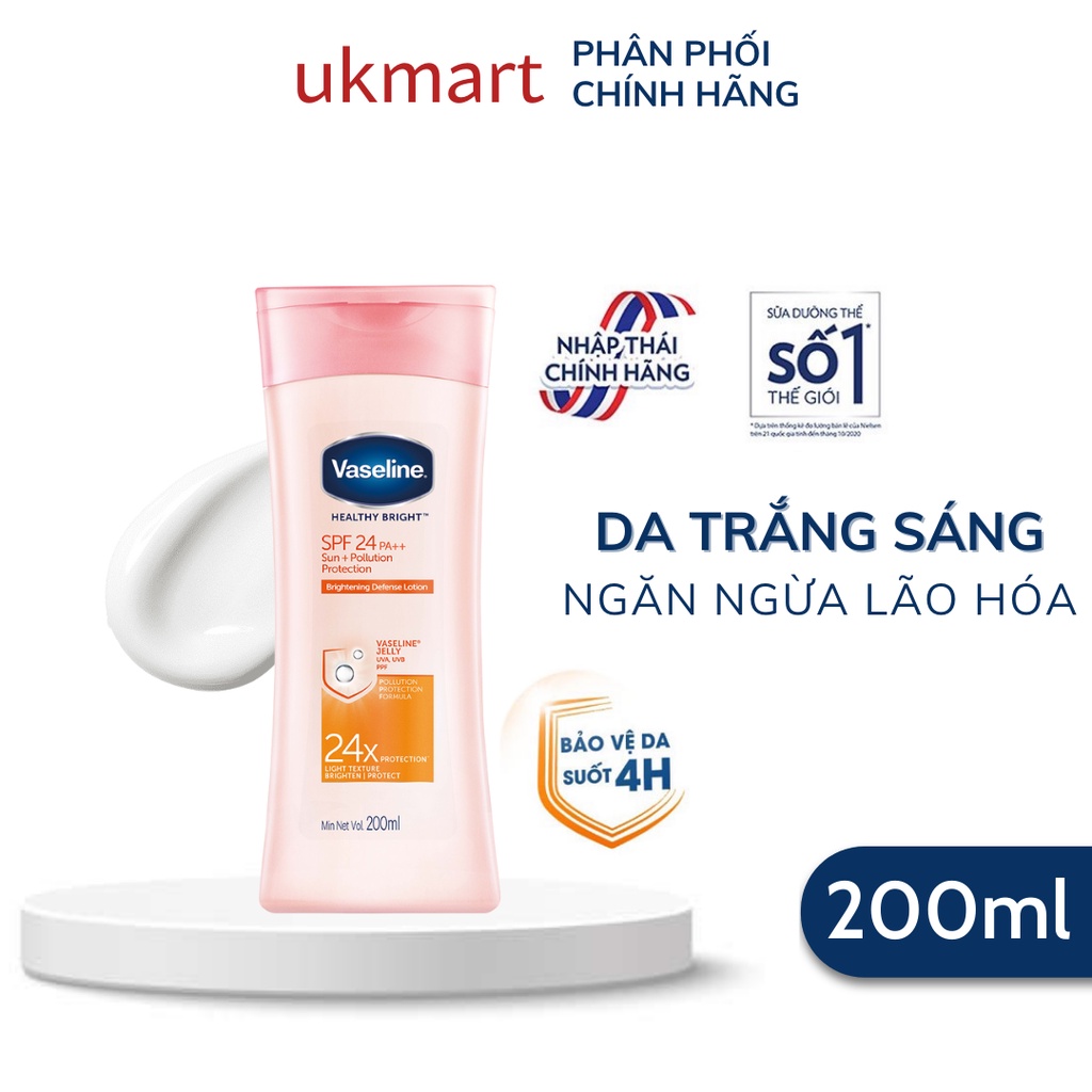 Sữa Dưỡng Thể Vaseline Dưỡng Trắng &amp; Bảo Vệ Da Trước Nắng Và Ô Nhiễm SPF 24 PA++