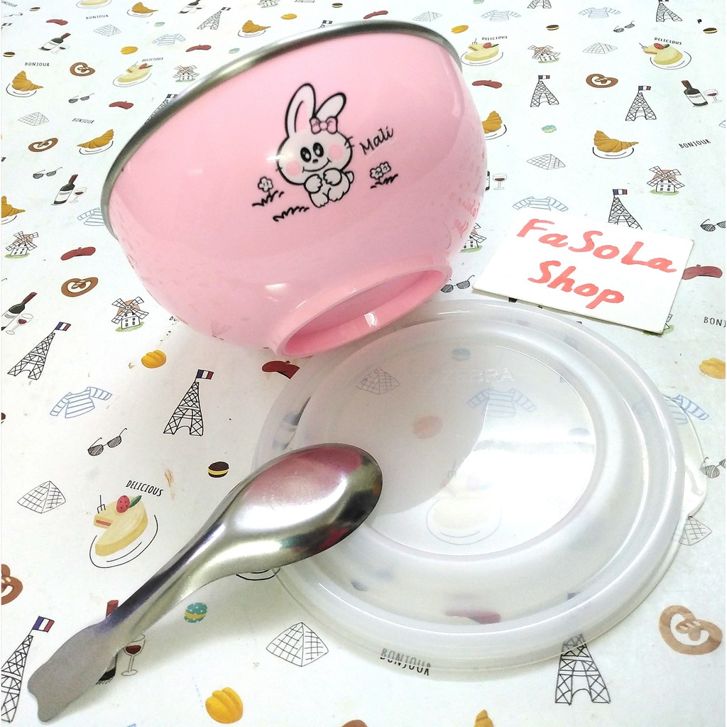 Bộ bát thìa bé tập ăn dặm ZEBRA Thái Lan hai lớp tô inox nhựa nắp thìa chén cách nhiệt không gỉ rỉ stainless steel food