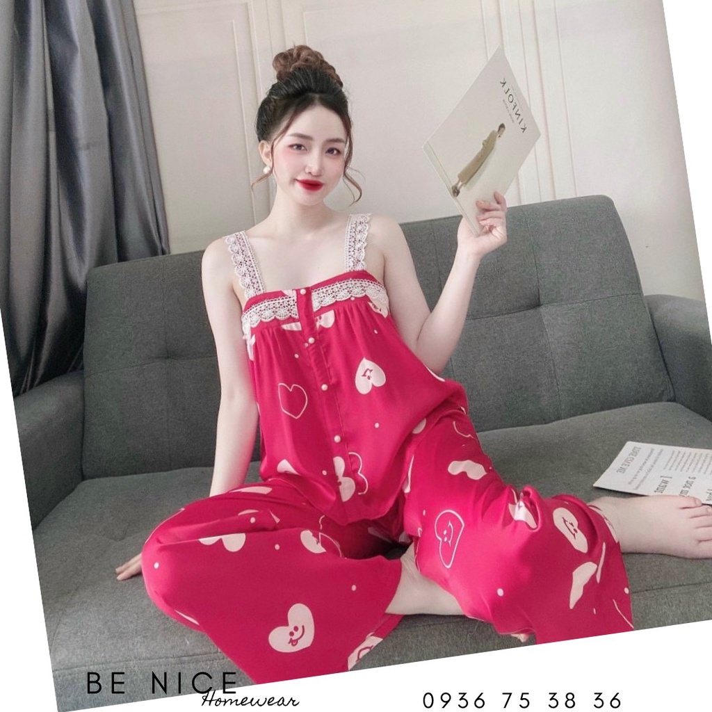 Set lụa quần dài phối ren vai nút ngọc trai xinh xắn nhà Be nice Homewear
