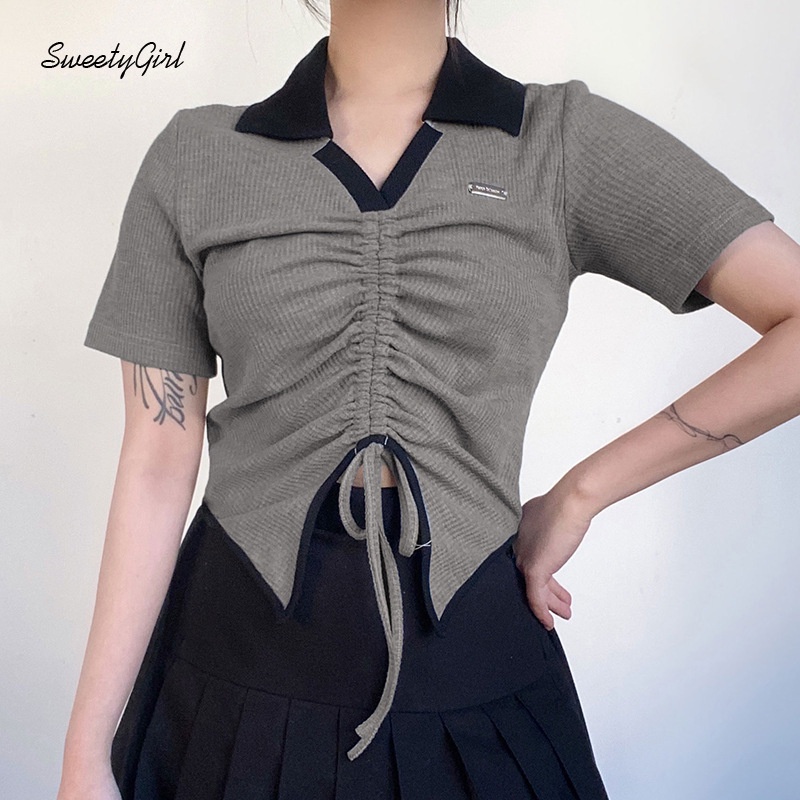 Áo Croptop Dệt Kim Tay Ngắn Cổ Bẻ Màu Sắc Tương Phản Dành Cho Nữ