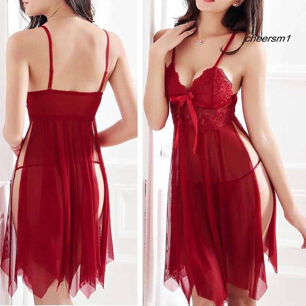 Sexy Women Nightgown Strappy Deep V Gauze See-Through Slit Dress Thong Underwear