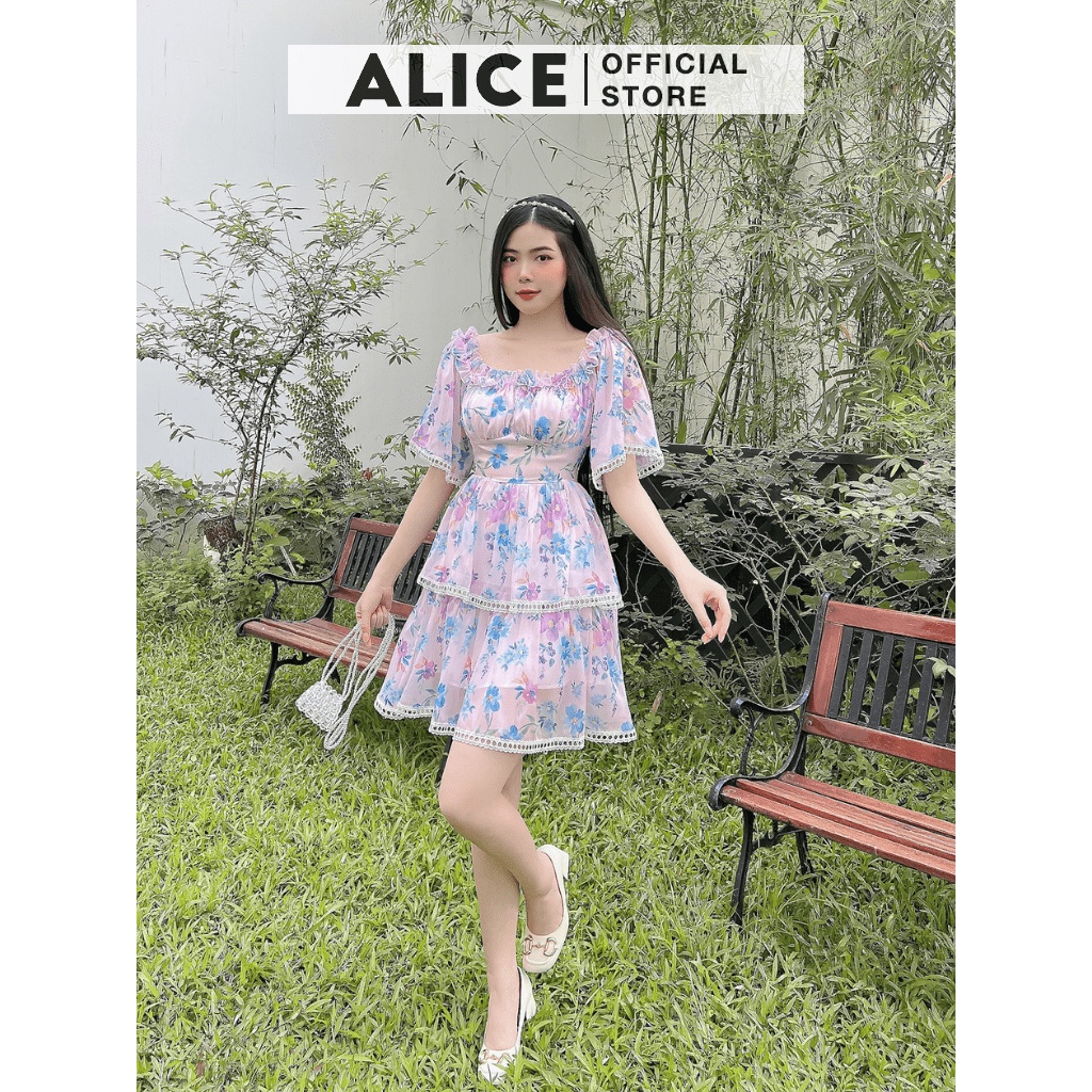 Váy Trễ Vai Tiểu Thu Cổ Yếm ALICE Thiết Kế 2 Tầng Phối Cổ Bèo Sang Chảnh, Chất Liệu Tơ Óng Cao Cấp V806