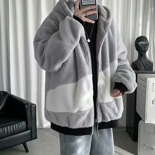 Áo khoác có nón trùm dáng rộng bằng lông cừu phối khóa kéo thời trang Hàn Quốc cao cấp cho nam