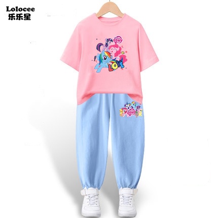 Bộ Đồ Thể Thao 2 Món Áo Thun Tay Ngắn In Hình Ngựa Pony Thời Trang Mùa Hè Cho Bé Gái